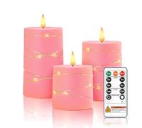 Homemory Battery Candles with String Lights, Fake LED Candle Lights with Remote Control and Timer, Electric Flameless Candles for Home Decor, Wedding and Gift, Pink, Set of 3