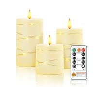 Homemory Battery Candles with String Lights, Fake LED Candle Lights with Remote Control and Timer, Electric Flameless Candles for Home Decor, Wedding and Gift, Ivory, Set of 3