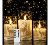 Homemory Clear Glass LED Candles Flickering, Christmas Reindeer, Set of 3 | 500+ Hours Long Lasting Battery Operated Candles with Remote Control, Timer and Realistic 3D Wick for Christmas Decoration