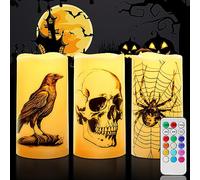 Homemory Color Changing Flameless Candles, Waterproof Plastic Battery Operated LED Pillar Candle with Remote and Timers, Halloween Candles with Skull, Crow, Spider Decals for Spooky Decor, 13 Colors