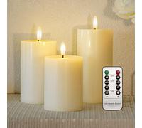 Homemory Flickering Battery Operated Flameless Candles, Realistic LED Candle with Remote and Timer, Real Wax Imitation, Ivory, D3 x H4 5" 6", Set of 3