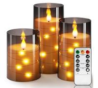 Homemory Flickering Flameless Candles with String Lights, Battery Operated Candle with Remote Control and Timer, Unbreakable LED Embedded Fairy Lights, Grey, D3” x H4”5”6”, Set of 3