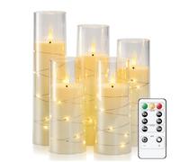 Homemory Flickering Flameless Candles with String Lights, Battery Operated Candles with Remote Control and Timer, Embedded Fairy Lights LED Candles, Acrylic, Home Decoration, White, Set of 5