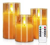 Homemory Gold Glass Flameless Candles Flickering, Battery Operated LED Pillar Candles with Remote Control and Timer, Fake Electric Candles, Real Wax, 3D Wick, D3 xH4 5" 6", Set of 3