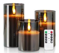 Homemory Grey Glass Flameless Candles Flickering, Battery Operated LED Pillar Candles with Remote Control and Timer, Fake Electric Candles, Real Wax, 3D Wick, D3 xH4 5" 6", Set of 3