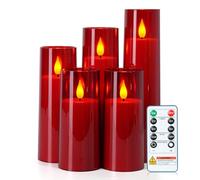 Homemory LED Pillar Candles Battery Operated Remote Control Red 5 Pack | Clear Durable Acrylic Shell Protects 3D Flame Wick, 500+ Hours Long Lasting for Table Window Wedding Christmas Party Decor