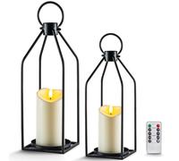 Homemory Modern Farmhouse Lantern Decor with Waterproof Flameless Candle & Remote Timer, 2PCS Black Metal Candle Lantern Decorative for Outdoor Indoor Home Living Room Patio Porch Table