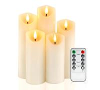 Homemory Real Wax Battery Operated Candles Flickering, Fake Electric Candles with Remote Control and Timer, Led Pillar Candles for Indoor Home Decoration, Ivory White, Set of 5, D2.2