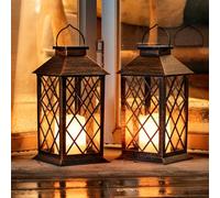 Homemory Solar Lanterns Outdoor Waterproof Hanging with Flickering Flameless Candles, 2 Pack 13'' Garden Outdoor Lantern Decorative for Patio Front Porch Backyard Balcony Cabin Outside(Antique Copper)