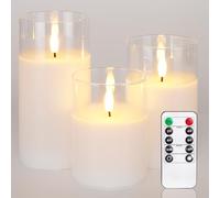 Homemory White Glass Flameless Candles Flickering, Battery Operated LED Pillar Candles with Remote Control and Timer, Fake Electric Candles, Real Wax, 3D Wick, D3 xH4 5" 6", Set of 3