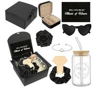 HOMENERGY 9 Pcs Bridesmaid Proposal Gifts Maid of Honor - Will You Be My Maid of Honor Kit with Elegant Box Jewelry Box Glass Cup Invited Cards Knotted Bracelets Sunglasses Scrunchies Raffia Grass