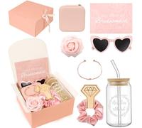 HOMENERGY 9 Pcs Bridesmaid Proposal Gifts - Will You Be My Bridesmaid Kit with Elegant Box Jewelry Box Glass Cup Invited Cards Knotted Bracelets Sunglasses Scrunchies Raffia Grass (Pink)