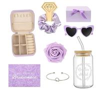 HOMENERGY 9 Pcs Bridesmaid Proposal Gifts - Will You Be My Bridesmaid Kit with Elegant Box Jewelry Box Glass Cup Invited Cards Knotted Bracelets Sunglasses Scrunchies Raffia Grass (Purple)