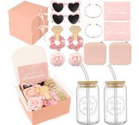 HOMENERGY Bridesmaid Proposal Gifts Set 2 - "Will You Be My Bridesmaid Kit with Elegant Box Jewelry Box Glass Cup Invited Cards Knotted Bracelets Sunglasses Scrunchies Raffia Grass (Pink, 18Pcs)