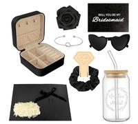 HOMENERGY Bridesmaid Proposal Gifts Set 6 - Will You Be My Bridesmaid Kit with Elegant Box Jewelry Box Glass Cup Invited Cards Knotted Bracelets Sunglasses Scrunchies Raffia Grass, One Size, Glass