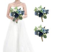 HOMENERGY Set of 2 Bridesmaid Bouquets for Wedding - 7 Inch Artificial Flowers Bouquets for Ceremony Anniversary Centerpieces Decorations - Navy Blue and White