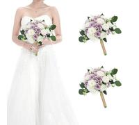 HOMENERGY Set of 2 Bridesmaid Bouquets for Wedding - 7 Inch Artificial Ivory Flower Bouquet for Party Ceremony Anniversary Dinning Table Centerpieces Decor - Lilac and White