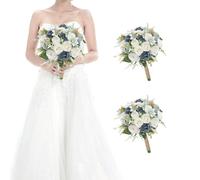 HOMENERGY Set of 2 Bridesmaid Bouquets for Wedding - 7 Inch Artificial Rose Flower Bouquet for Bridesmaids Pre-Made Floral Bouquets Party Ceremony Anniversary Decor - Dusty Blue