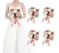 HOMENERGY Set of 4 Bridesmaid Bouquets for Wedding - 7 Inch Artificial Flowers Bouquets for Ceremony Anniversary Centerpieces Decorations - Pink and White
