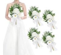 HOMENERGY Set of 4 Bridesmaid Bouquets for Wedding - 7 Inch Artificial Flowers Bouquets for Ceremony Anniversary Centerpieces Decorations - White