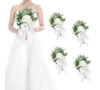 HOMENERGY Set of 4 Bridesmaid Bouquets for Wedding - 7 Inch Artificial Flowers Bouquets for Ceremony Anniversary Centerpieces Decorations - White