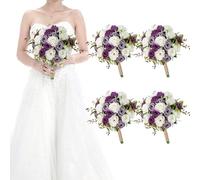 HOMENERGY Set of 4 Bridesmaid Bouquets for Wedding - 7 Inch Artificial Ivory Flower Bouquet for Party Ceremony Anniversary Dinning Table Centerpieces Decor - Dusty Purple & White