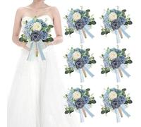 HOMENERGY Set of 6 Bridesmaid Bouquets for Wedding - 7 Inch Artificial Flowers Bouquets for Ceremony Anniversary Centerpieces Decorations - Dusty Blue & White