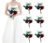 HOMENERGY Set of 6 Bridesmaid Bouquets for Wedding - 7 Inch Artificial Flowers Bouquets for Ceremony Anniversary Centerpieces Decorations - Burgundy & Navy Blue & White
