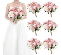 HOMENERGY Set of 6 Bridesmaid Bouquets for Wedding - 7 Inch Artificial Ivory Flower Bouquet for Party Ceremony Anniversary Dinning Table Centerpieces Decor - Dusty Pink & White