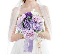 HOMENERGY Wedding Bouquets for Bride - Artificial Bridal Bouquets Pre-Made Roses Flower Bouquets for Vintage Wedding or Centerpieces Decoration - Lilac & White