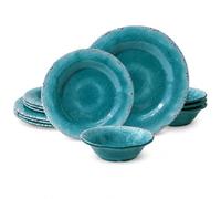 HomeNMore 12-Piece Melamine Dinnerware Set, Service for 4, Teal Crackle | Farmhouse Plates and Bowls with Distressed Rim , Lightweight and Break-Resistant for Patios, Camping and RV Dining