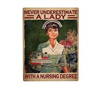 Homeoanimal Never Underestimate A Lady with A Nursing Degree Tin Sign Vintage Plaque Metal Poster Wall Decor for Home Kitchen Garage Bar Pub Art Decor Wall Poster Gift 6" x 8"