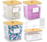 HomePekite 3+1 Laundry Pod Storage Boxes with Wooden Lids and Labels for Detergent Powder, Fragrance Booster for Laundry Room Organization, Clear