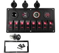 Homeponnew 8 Gang Rocker Switch Panel with Voltmeter, Dual USB & 12V Sockets, 12-24V Waterproof Pre-Wired for Boats, Cars, RVs, Trucks (Red)