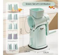 Homeponnew Multifunctional Vegetable Cutter and Slicer with 5 Interchangeable Blades for Dicing, Grating, and Shredding, Large 9cm Feed Tube, Safety Cover and Non-Slip Base A-Green