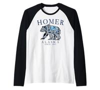 Homer Alaska Tribal Art Bear Since 1885 Pale Blue Letters Raglan Baseball Tee