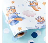 Homeral Baby Shower Wrapping Paper Roll - Adorable Blue Pilot Bear Design, Reversible Gift Wrap for Boys Birthday, Gender Reveal - Stars, Dots, Airplane and Parachute - 17 Inch x 16.5 Feet