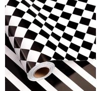 Homeral Checkered Flag Wrapping Paper Roll - Black and White Diamond & Stripe, Reversible Race Car Gift Wrap for Kids Birthday, Baby Shower - Mini Roll - 17 In x 33 Ft