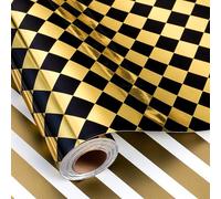 HOMERAL Checkered Wrapping Paper Roll - Black and Gold Metallic Foil Diamond & Stripe, Reversible Classic Pattern Gift Wrap for Birthday, Fathers Day, Graduation, Christmas, Bridal Shower - Mini Roll