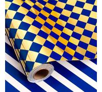 Homeral Checkered Wrapping Paper Roll - Blue and Gold Metallic Foil Diamond & Stripe, Reversible Classic Pattern Gift Wrap for Fathers Day, Birthday of Man, Christmas - Mini Roll - 17 In x 33 Ft