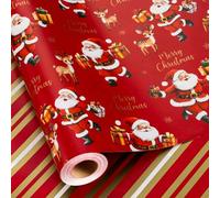 Homeral Christmas Reversible Wrapping Paper Roll - Red Santa Claus, Reindeer & Stripe Design for Christmas, New Year Celebration - Mini Roll - 17 Inch x 33 Feet