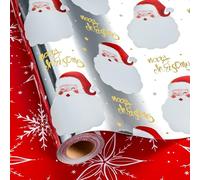 Homeral Christmas Reversible Wrapping Paper Roll - Silver Metallic Foil Shine Santas & Red Snowflakes Gift Warp for Christmas, New Year Celebration, Holiday, Party - Mini Roll - 17 Inch x 33 Feet
