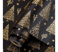 Homeral Christmas Wrapping Paper Roll - 46.8 sq.ft. 3D Embossed Gold Foil Christmas Tree, Star on Black for Holidays - 17in x 33ft