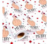 Homeral Funny Christmas Wrapping Paper - Mini Roll - 17 Inch x 16.5 Feet - Middle Finger Santa Hat Funny Gift Wrap with Grid Cutting Lines for Christmas, Holiday, New Year Celebration