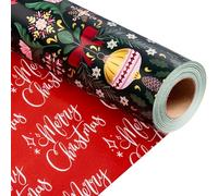 Homeral Green Christmas Reversible Wrapping Paper Roll - Metallic Foil Shine Bell with Bow, Pine Cones, Berry & Red Letters Design for Christmas, New Year Celebration - Mini Roll - 17 Inch x 16.5 Feet