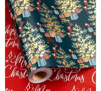 Homeral Green Christmas Wrapping Paper Roll - Metallic Foil Shine Christmas Trees & Red Letters Reversible Gift Wrap for Christmas, New Year Celebration, Holiday, Party - Mini Roll - 17 Inch x 33 Feet
