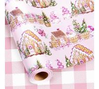 Homeral Pink Christmas Reversible Wrapping Paper Roll - Gingerbread House, Gnome, Trees & Checkered Gift Warp for Christmas, New Year Celebration, Holiday, Party - Mini Roll - 17 Inch x 33 Feet