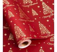 Homeral Red Christmas Wrapping Paper Roll - 3D Embossed Trees and Letters with Gold Foil Metallic Shine Gift Wrap for Christmas, New Year Celebration, Holiday - Mini Roll - 17 Inch x 33 Feet