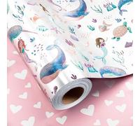 Homeral Reversible Mermaid Wrapping Paper Roll - Metallic Foil Whale, Turtle, Shell, Ocean-Themed with Pink Heart for Girl Birthday, Baby Shower - Mini Roll - 17 Inch x 33 Feet