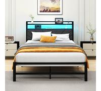HOMERECOMMEND Double Bed Frames with Upholstered Storage and LED Lights,4ft6 Upholstered Bed Frame Doule Bed with Metal Slats Enhanced Support, Under